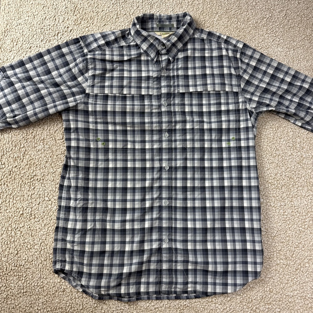 EXOFFICIO L/S Button Up Shirt Mens Gray Plaid Size XL Polyester Nylon Blend